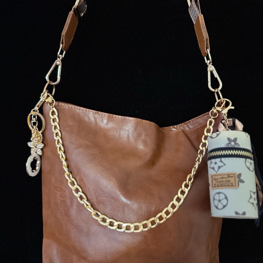 Brown Leather Shoulder Bag with Gold Chain